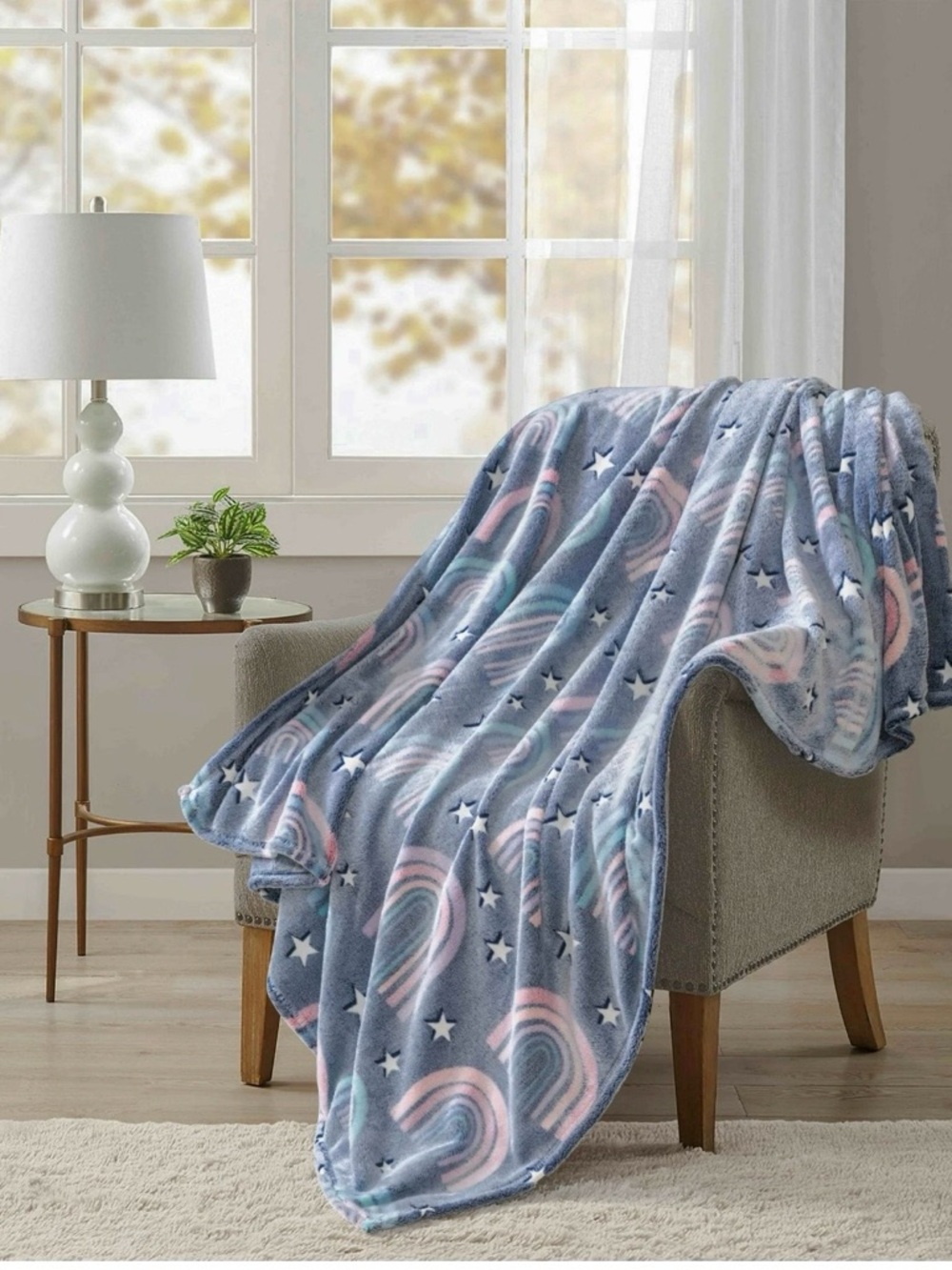 Your Zone Navy Rainbow Polyester Velvet Plush Glow in the Dark